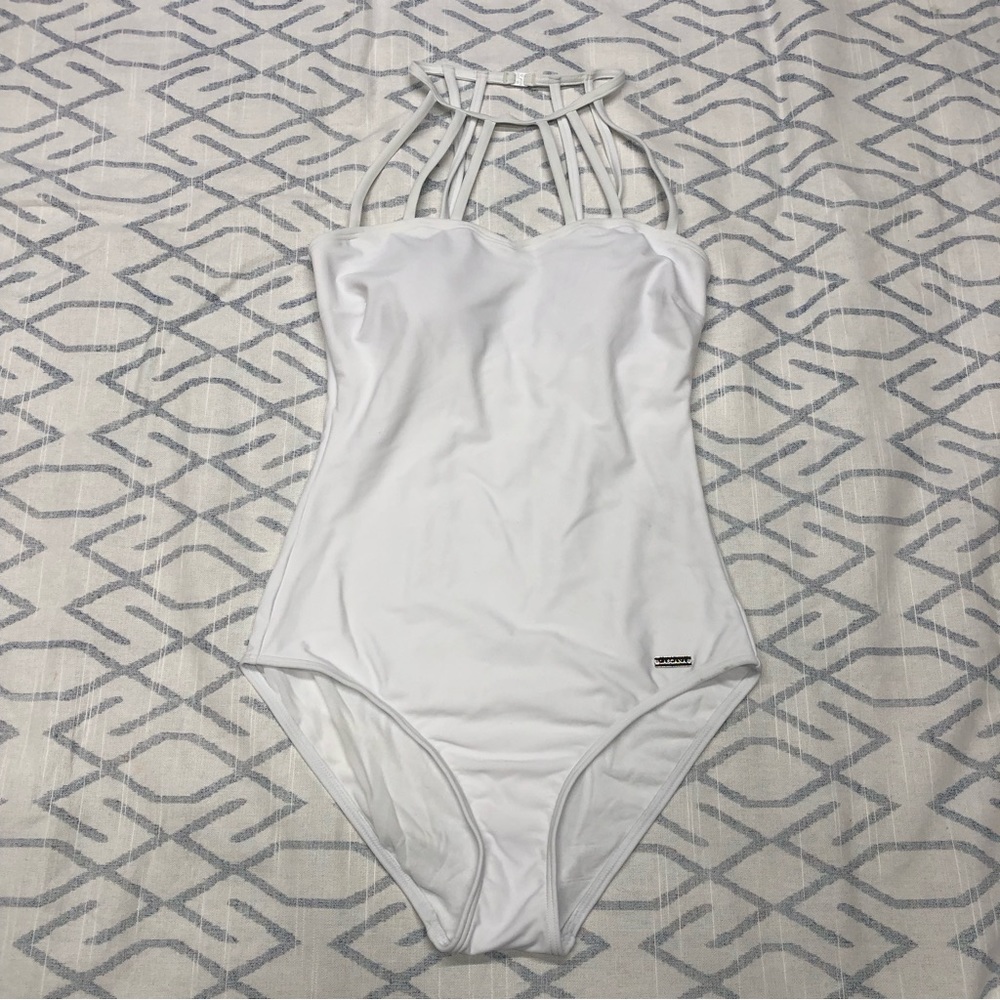 NWOT Lascana one piece swimsuit white cage strappy neck built in pads wedding